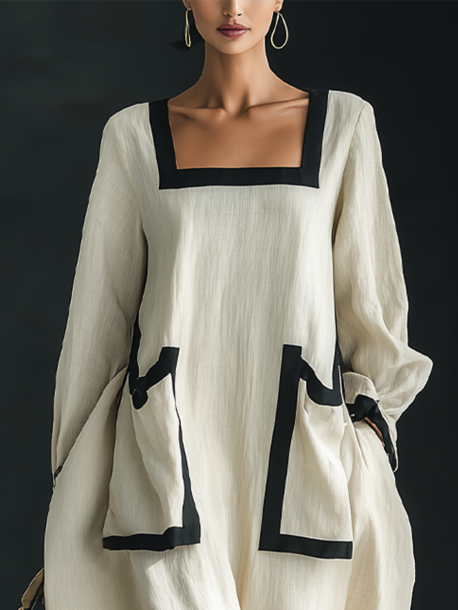 Women's Beige Cotton And Linen Blend Square-Neck Maxi Dress With Black Trim & Oversized Pockets MDZ1507A0T