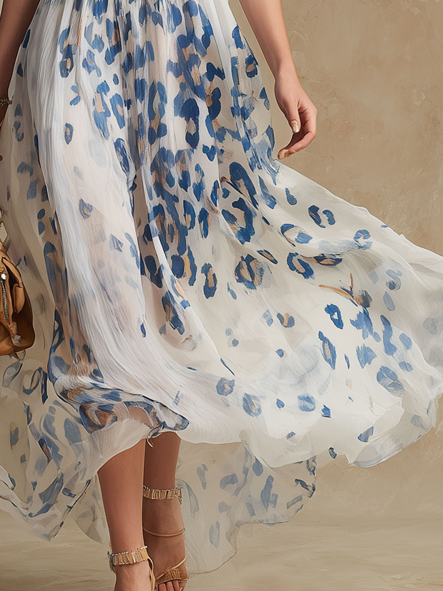 Elegant Retro Blue Leopard Print White Chiffon Maxi Dress