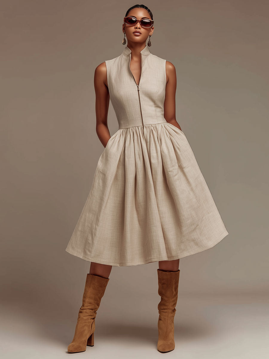 Retro-chic Light Khaki Cotton Linen Sleeveless A-line Midi Dress