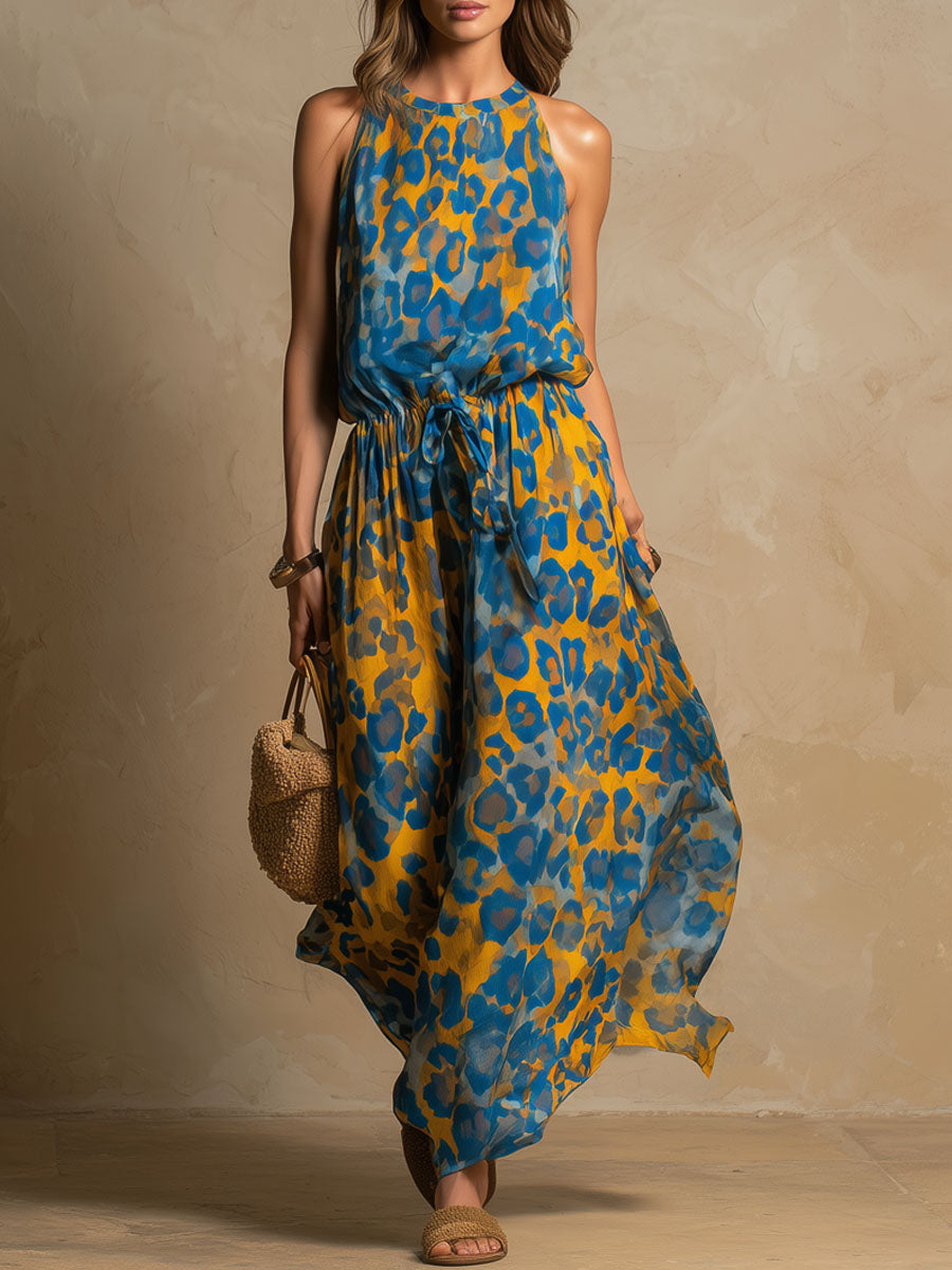 Leopard Print Round-neck Chiffon Sleeveless Maxi Dress