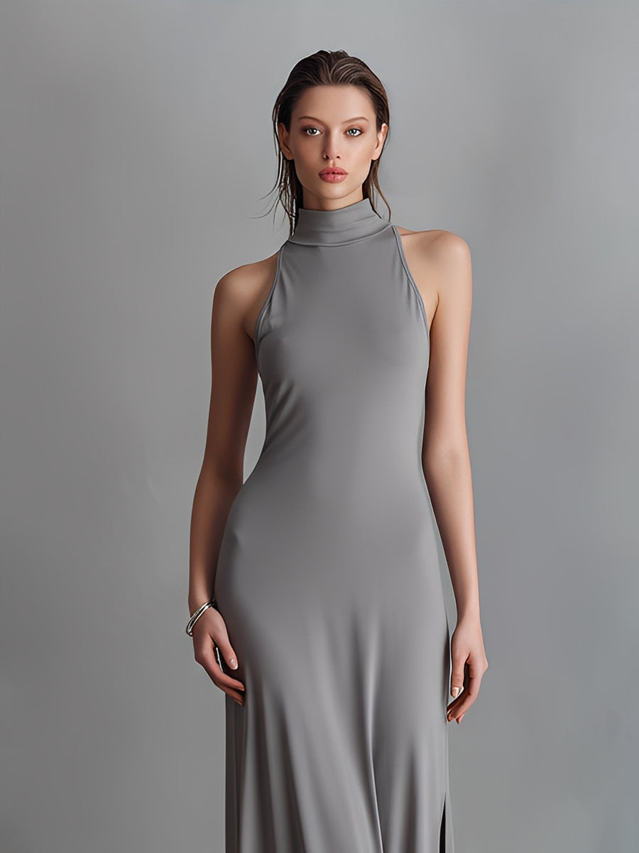 Women's Gray Stretch-Knit Dress With Halter Turtleneck & Side Slit, Timeless Sleek-Elegant Style Dress MDZ1543A7I