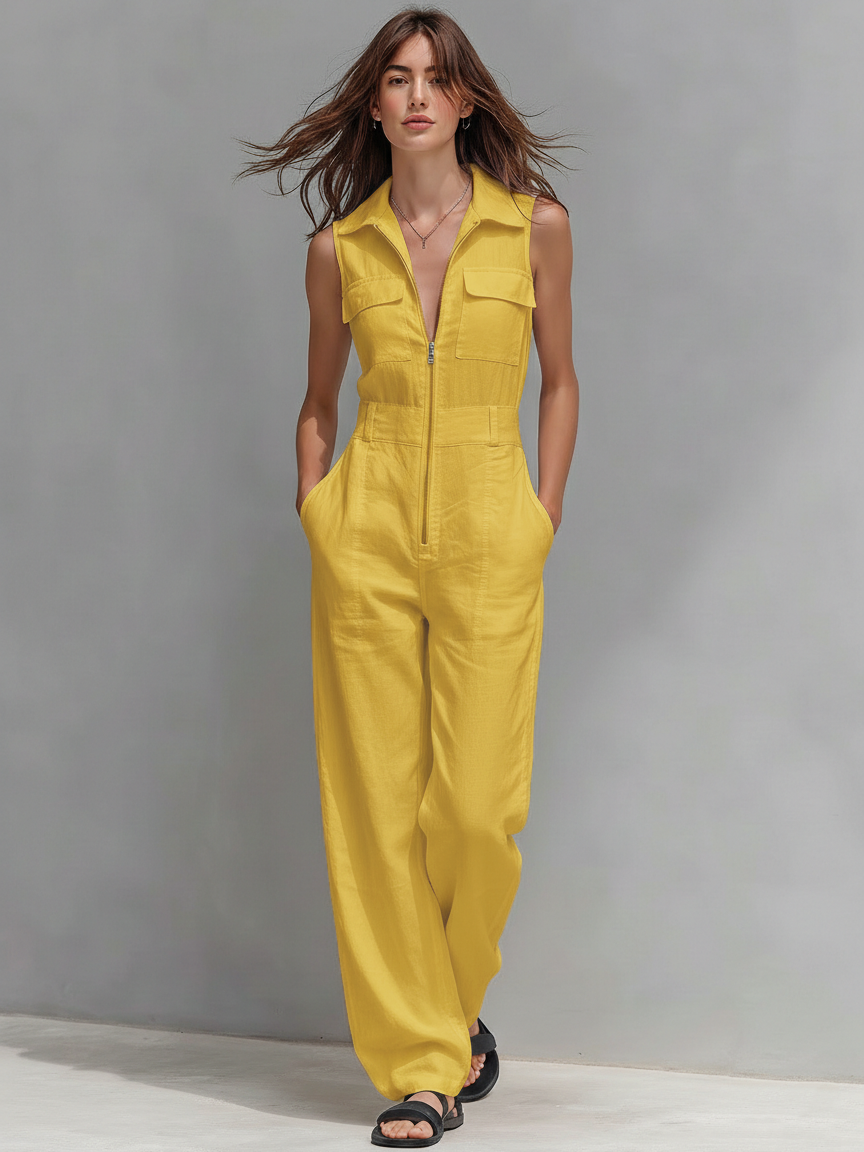 Women's Minimalist Zippered Lapel Sleeveless Jumpsuit MDZ1369A1Y