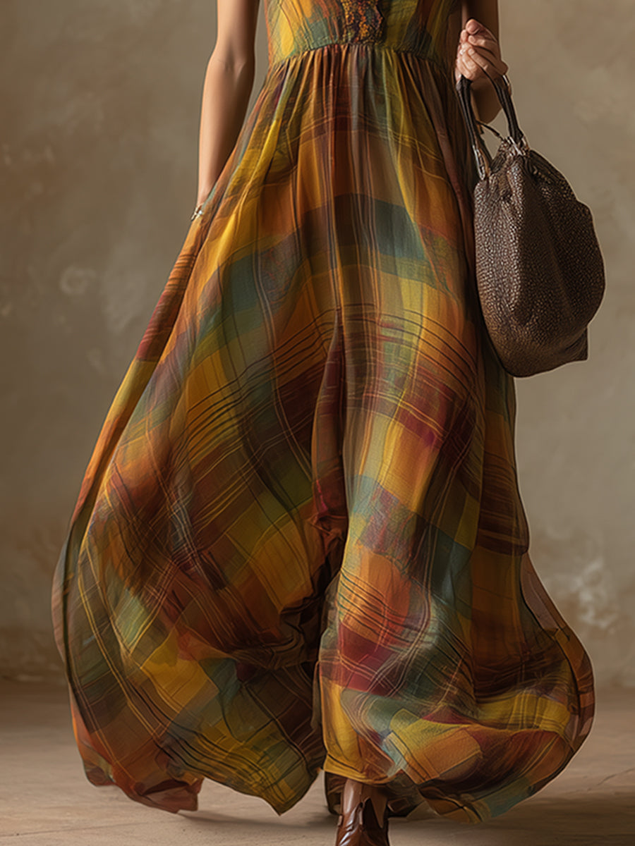 Retro-style Vacation Yellow-brown Checkered Chiffon Sleeveless Maxi' Dress