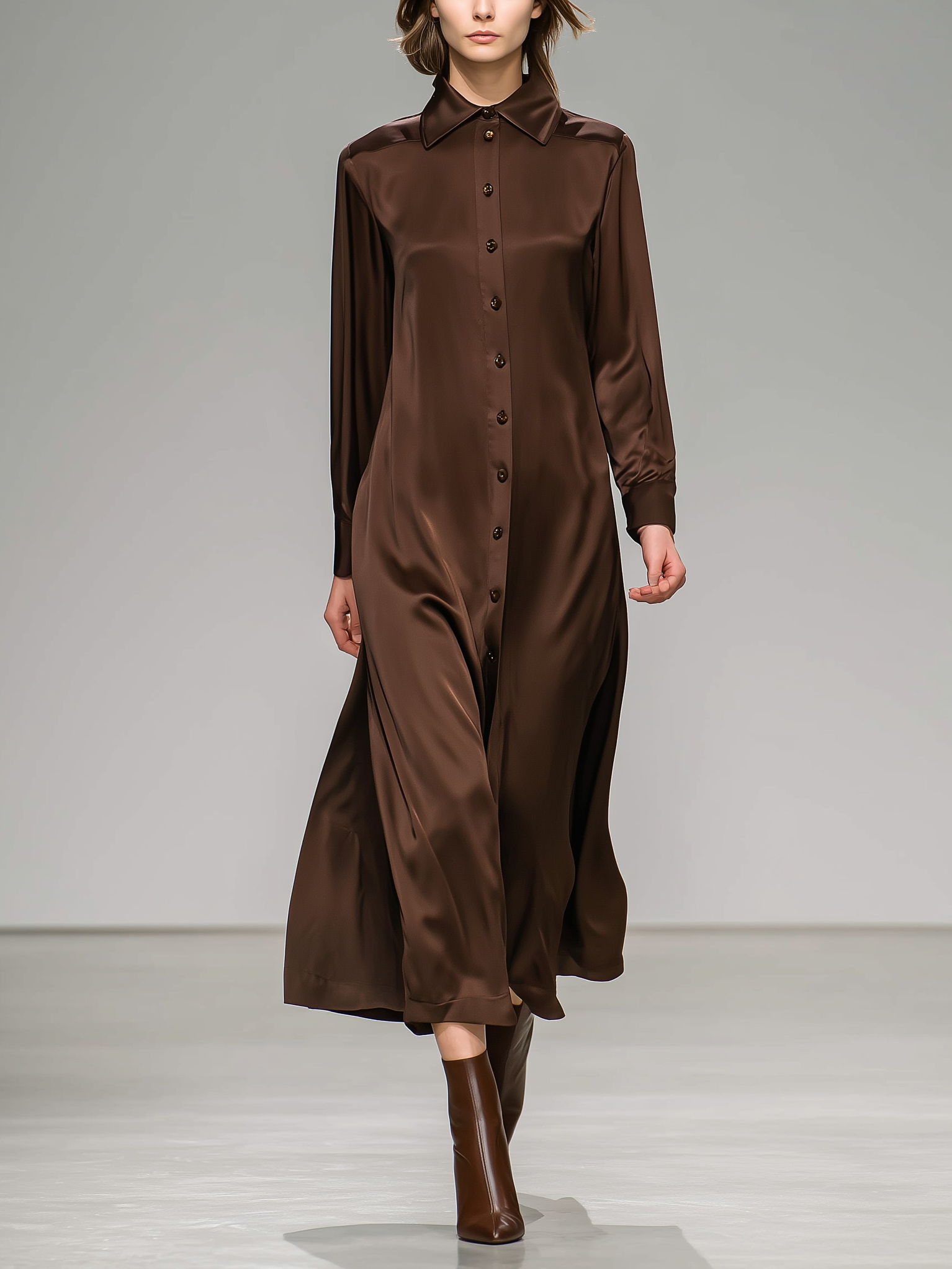 Women's Elegant Dark Brown Satin Long-sleeved Shirt Dress MDZ0934A2AN