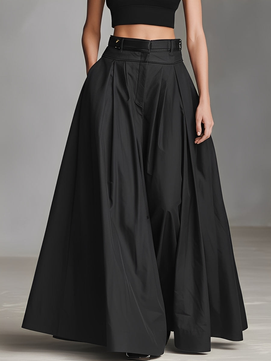 Women's Black Stretch-Knit & Woven Set With Cropped Top & Maxi Dress, Timeless Sleek-Chic Style Set (without Belt) MDZ1412A1I