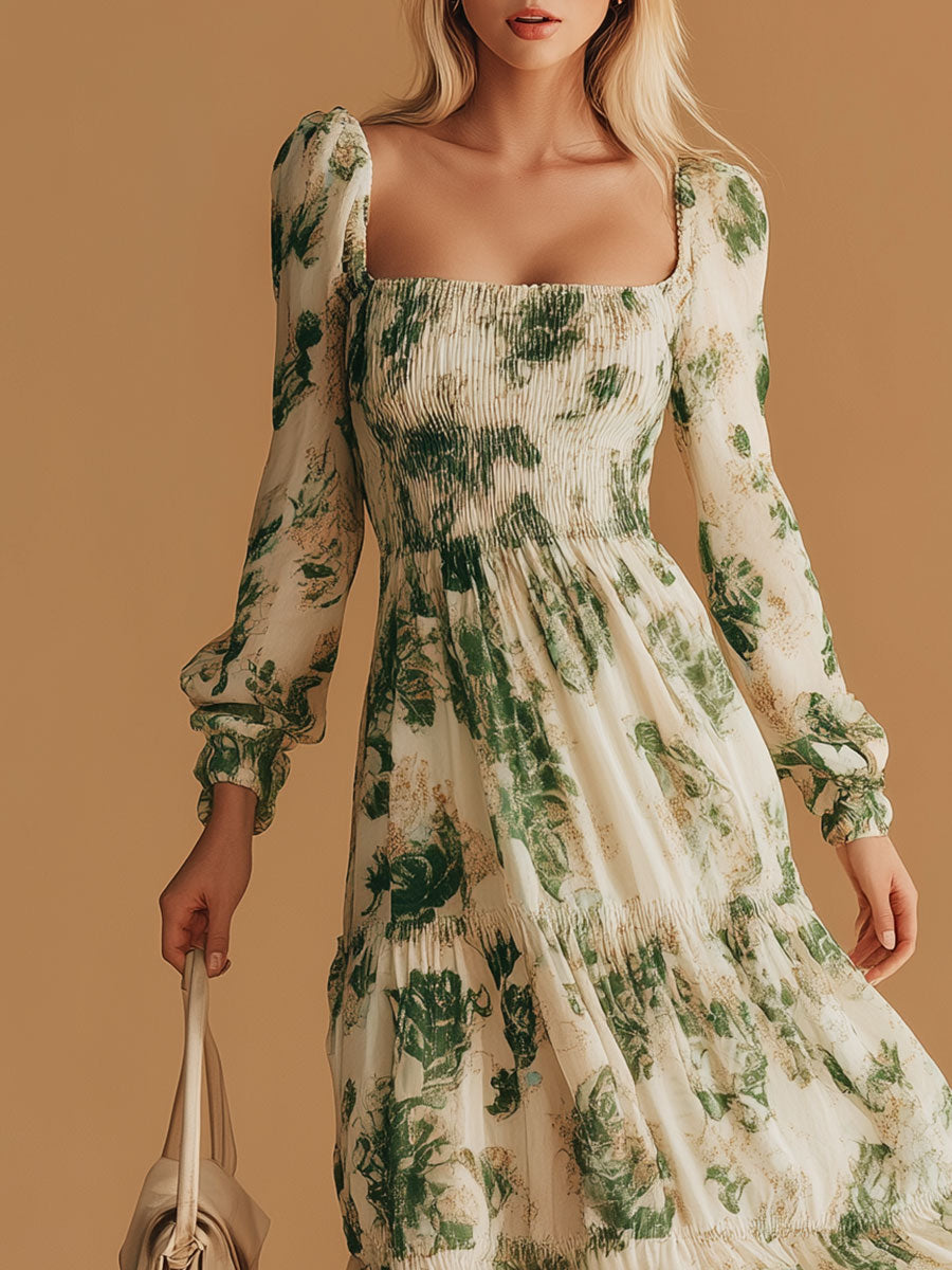 Stylish And Elegant Green Floral Beige Chiffon Maxi Dress