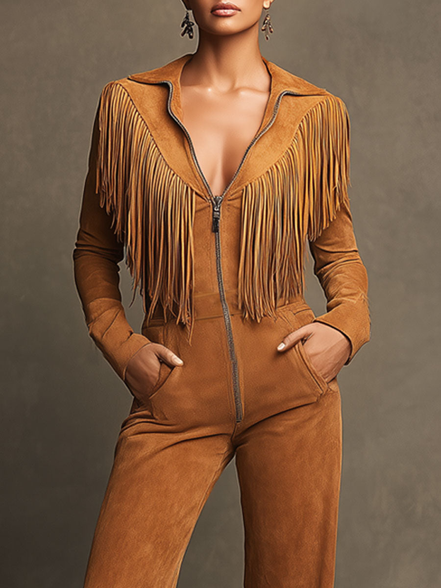 Western Retro Light Brown Faux Suede Zipper Tassel Long-Sleeved Jumpsuit