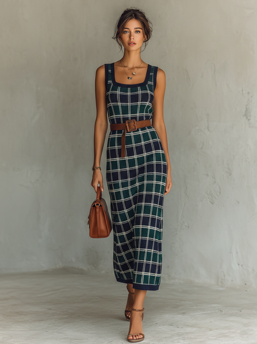 Women's Minimalist Checkered Knit Square-neck Sleeveless Maxi Dress With Belt MDZ1404A4Y