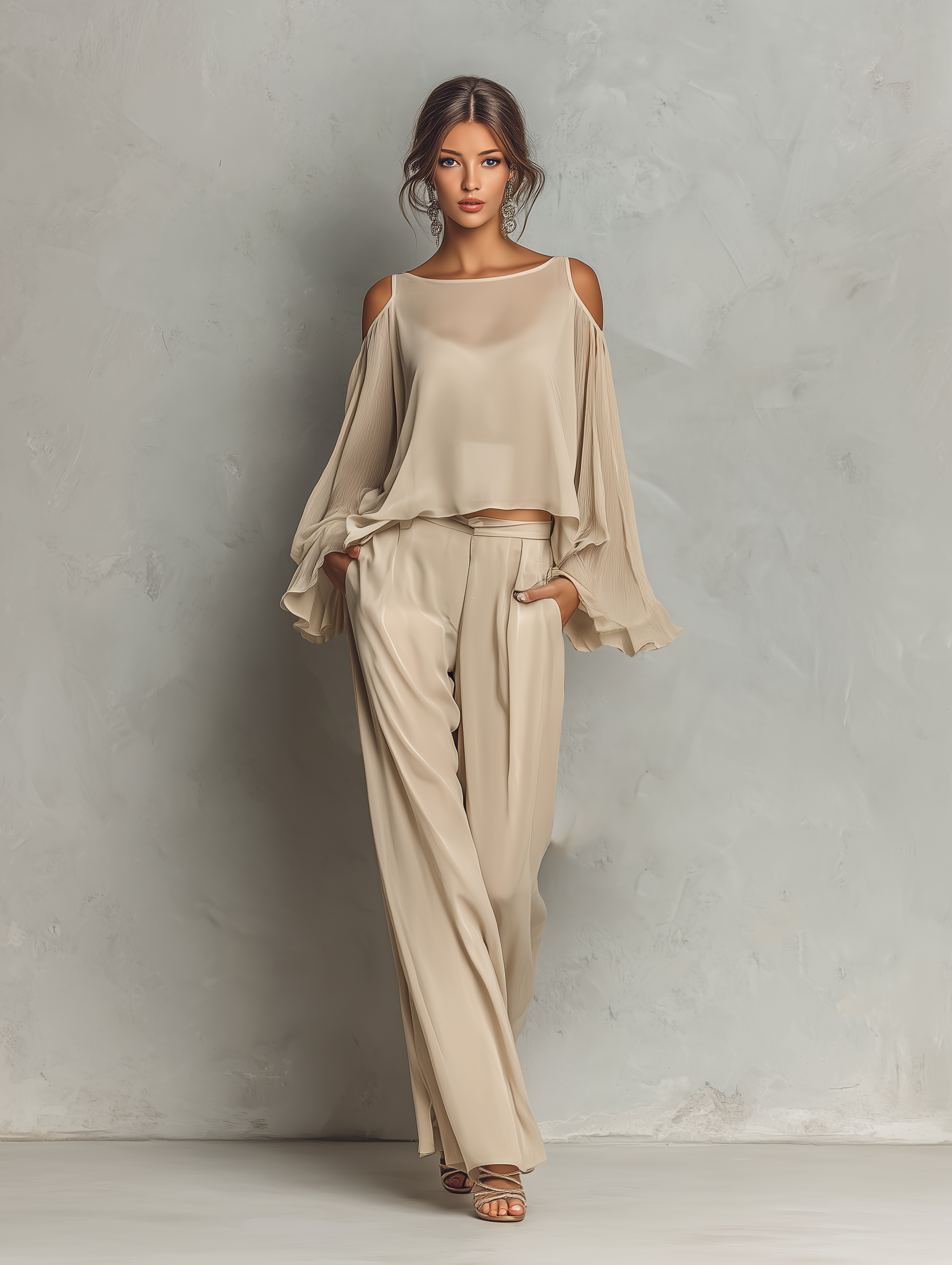 Women's Beige Chiffon Cold-Shoulder Blouse With Flared Sleeves & Wide-Leg Pants Set MDZ1233A2T