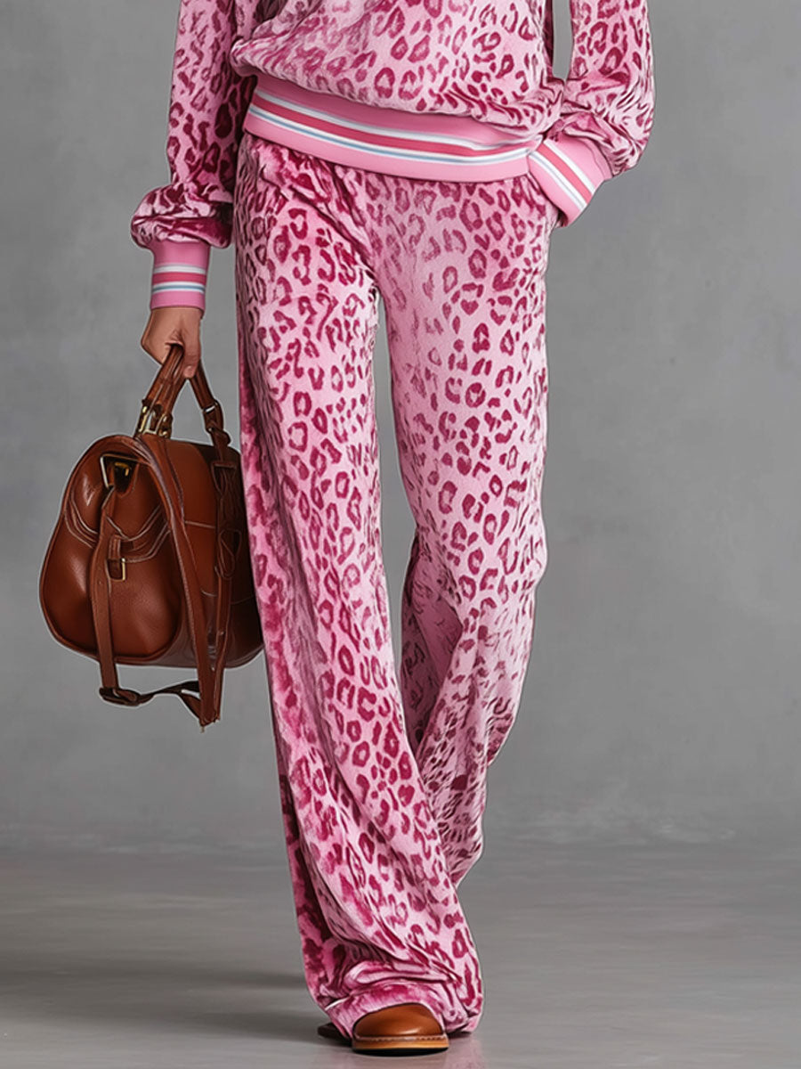 Casual Sporty Retro Pink Velvet Leopard Print Sweatshirt And Wide-Leg Pants Set