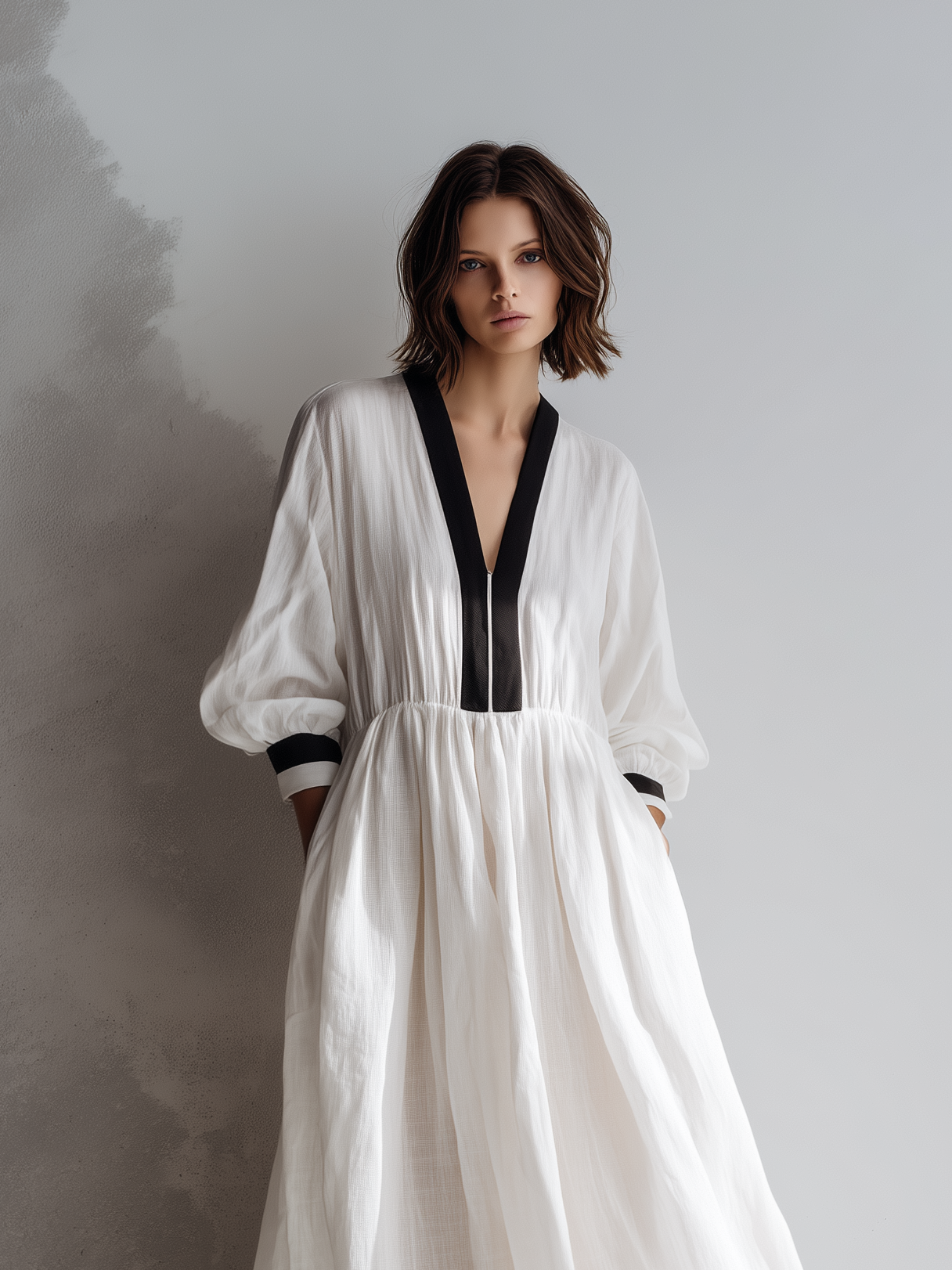 Women's Casual White Cotton And Linen V-neck Loose Long-sleeved Maxi Dress MDZ1257A2AN
