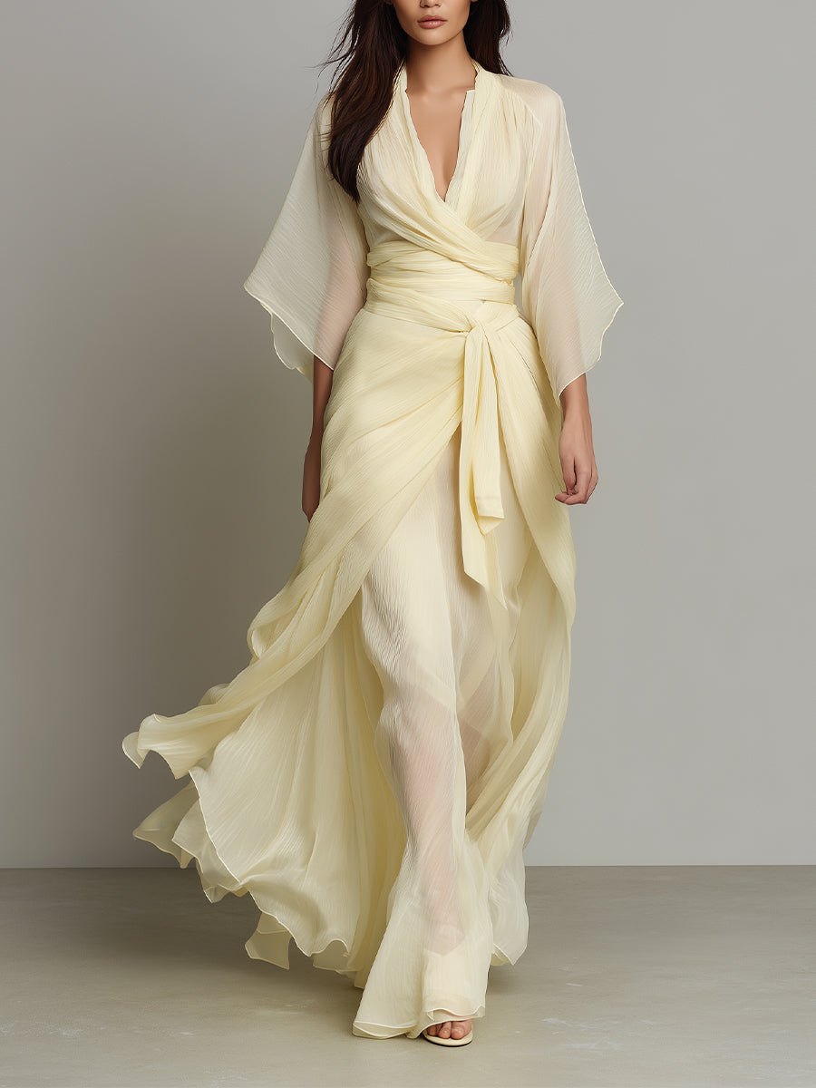 Women's Pale Yellow Sheer Chiffon Dress With Deep V-Neck & Wrap Detail, Timeless Romantic-Luxe Style Dress MDZ0699A6I