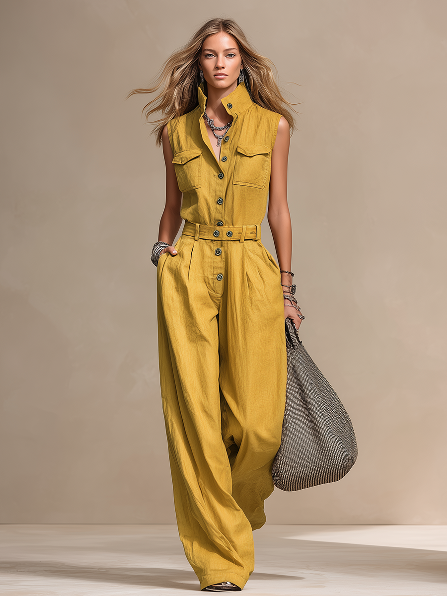 Retro Stand-collar Button-front Sleeveless Cotton And Linen Jumpsuit