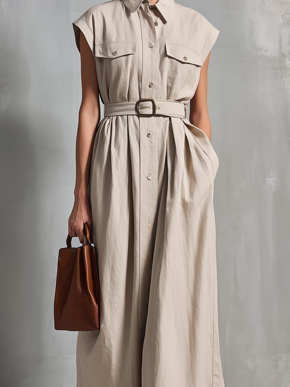 Women's Elegant, Natural-colored Cotton And Linen Blend Sleeveless Maxi Dress With A Shirt Collar MDZ1717A0AN