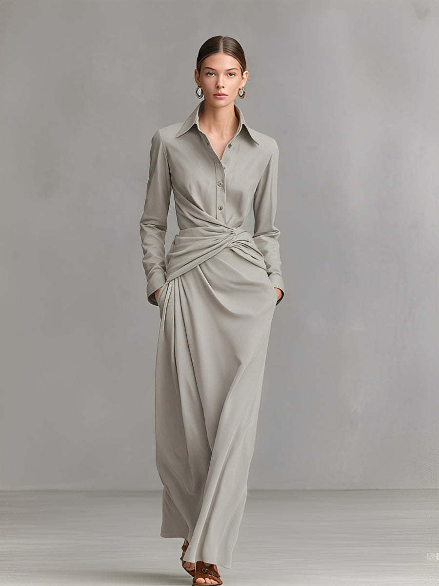 Women's Light Gray Woven Dress With Button-Front Shirt Collar & Knot Waist, Timeless Polished-Elegant Style Dress MDZ0956A4I