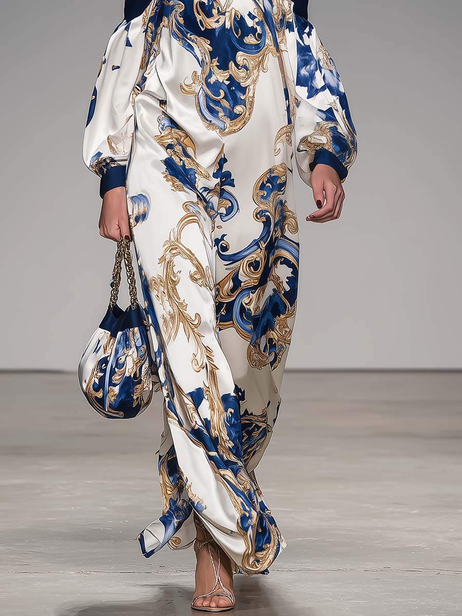 Elegant Retro Flowing Off-shoulder Strappy Baroque-style Printed Pearl White Satin Maxi Dress