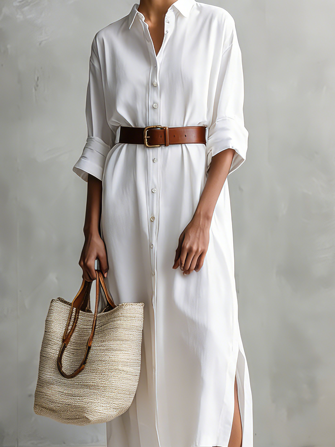 Women's Elegant White Woven Loose-fitting Long-sleeved Midi Dress (belt Not Included) MDZ1578A1AN