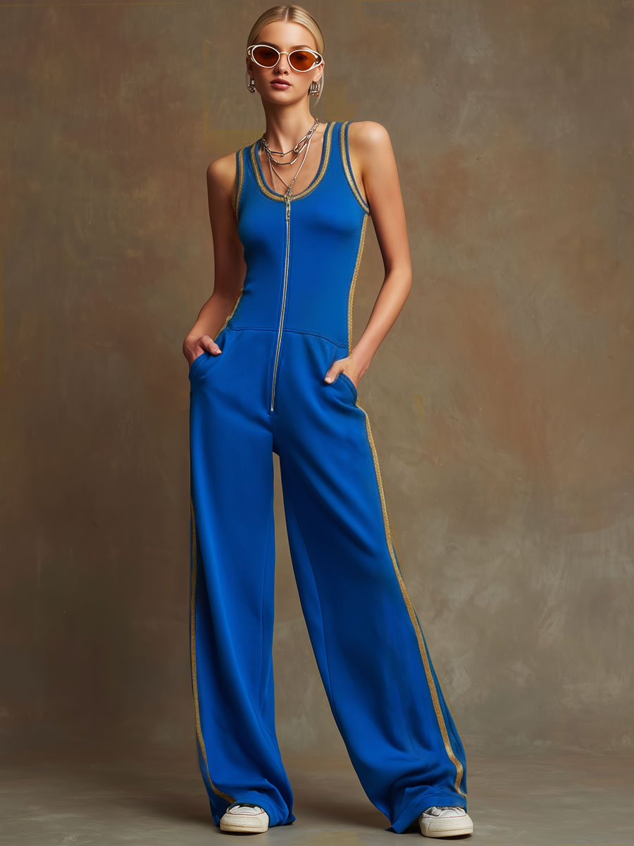 Casual Sporty Retro Gold-Trimmed Royal Blue Cotton Blend Sleeveless Jumpsuit