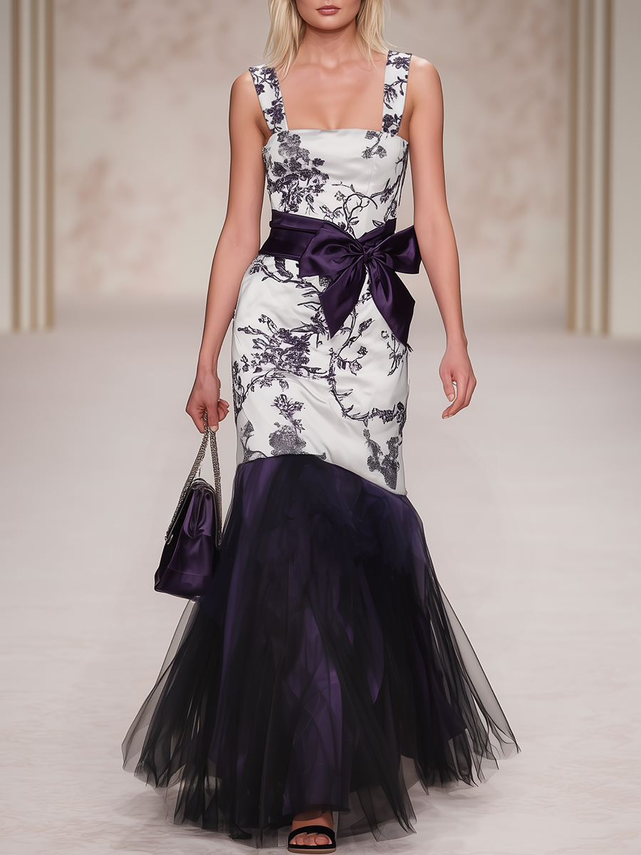 Elegant Retro Square Neck Sleeveless Printed Satin Maxi Dress