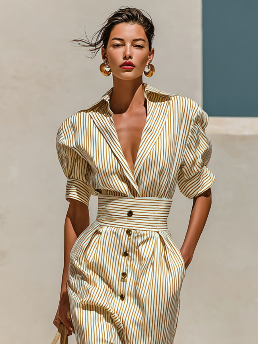 Women's Striped Lapel Short Sleeve Waist Midi Dress MDA0753G6Y