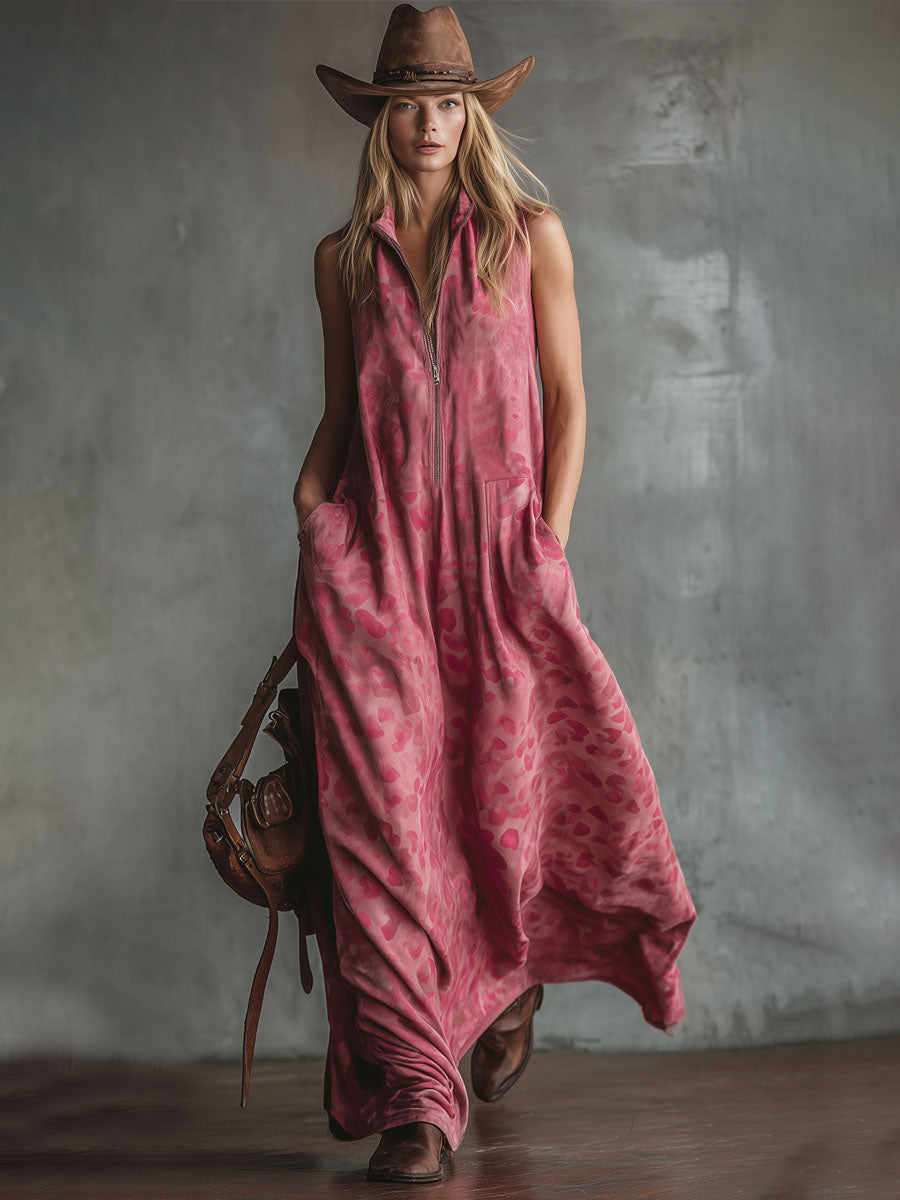 Vintage Print Stand-collar Zip-up Double-pocket Faux Suede Sleeveless Maxi Dress