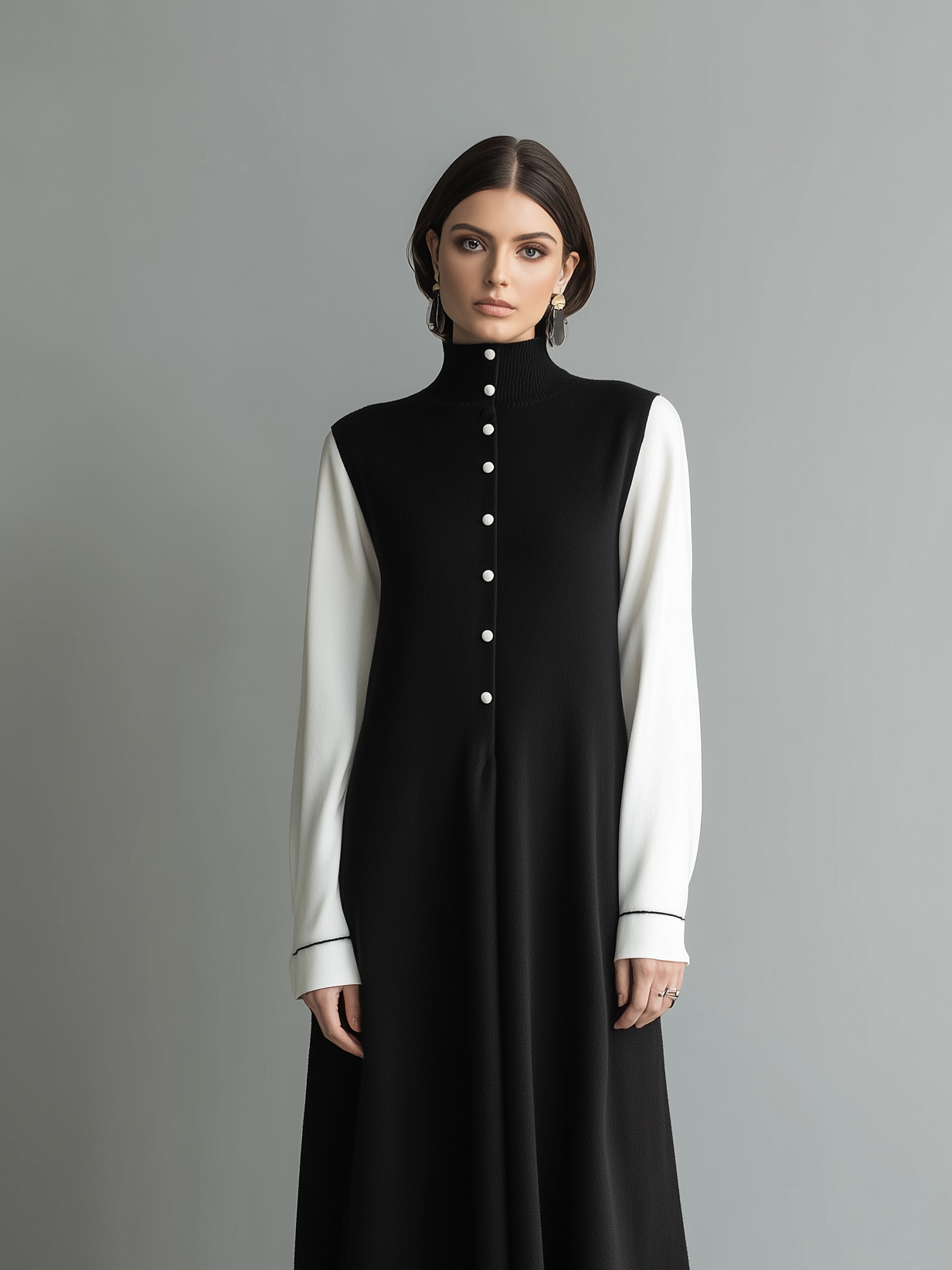 Women's Elegant Black Knitted High-neck Long-sleeved Dress With Button Closure MDZ0736A8AN