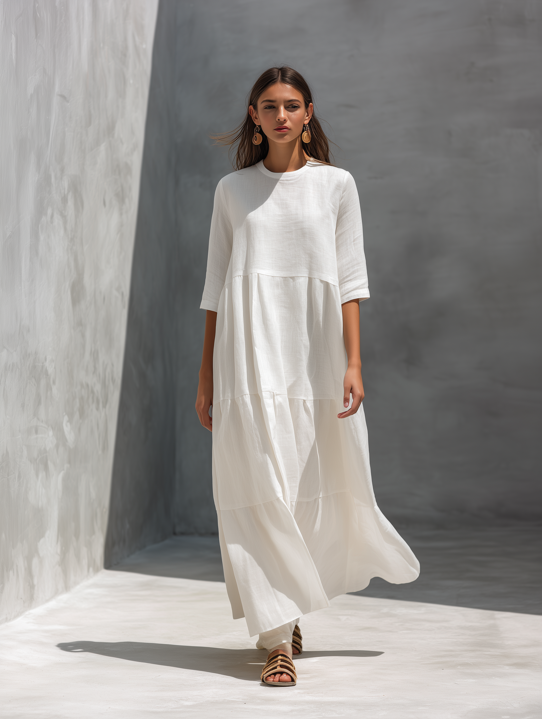 Women's Elegant White Cotton And Linen Blend Round Neck Short-sleeved Maxi Dress MDZ1715A7AN