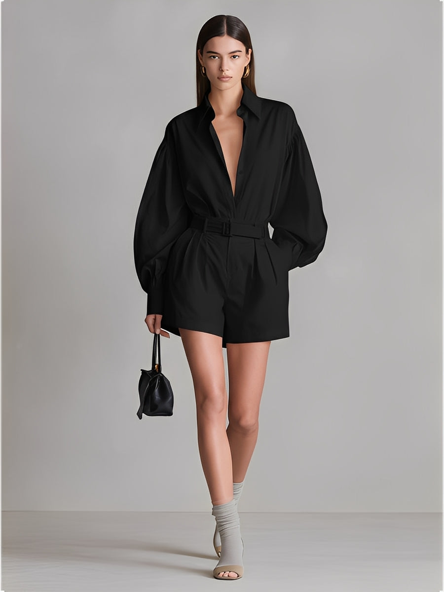 Women's Black Cotton Jumpsuit With Oversized Puff Sleeve Shirt & High-Waisted Shorts, Timeless Sleek-Chic Style Jumpsuit  MDZ1320A9I