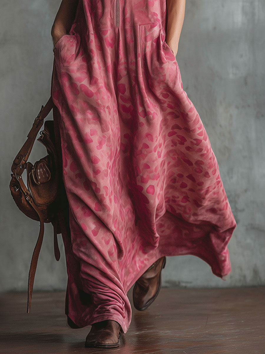 Vintage Print Stand-collar Zip-up Double-pocket Faux Suede Sleeveless Maxi Dress