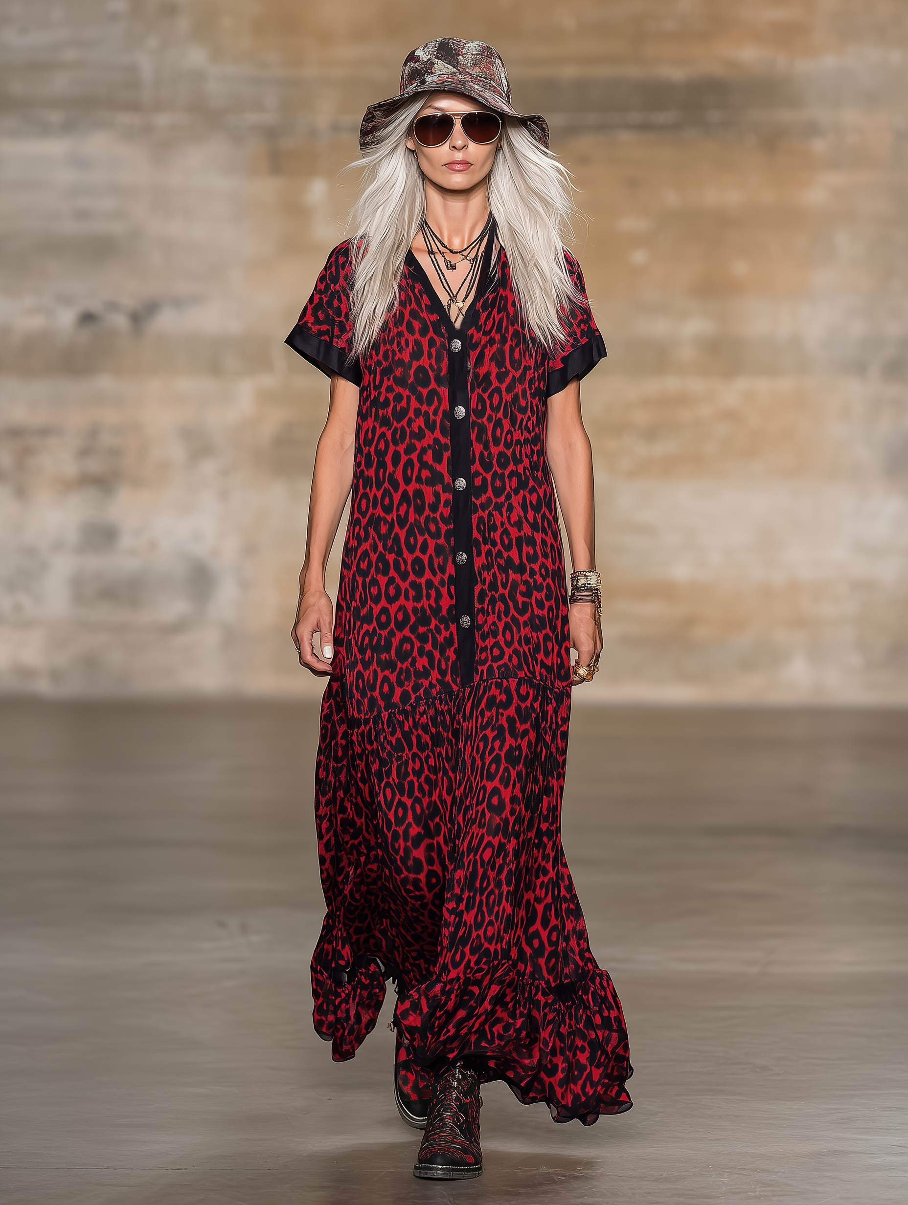 Loose-fitting, Western-style Leopard Print Matte Satin Sleeveless Red Maxi Dress