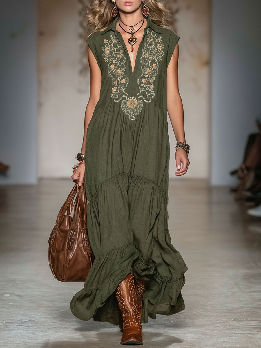 Lapel V-neck Vintage Embroidered Cotton And Linen Sleeveless Maxi Dress