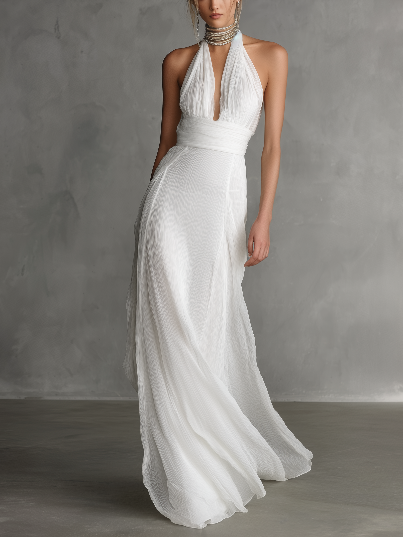 Women's Elegant White Chiffon Halter-neck V-neck Maxi Dress MDZ0639A8AN