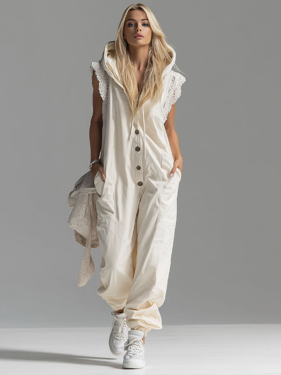 Hooded Lace-trimmed Double-pocket Sleeveless Jumpsuit