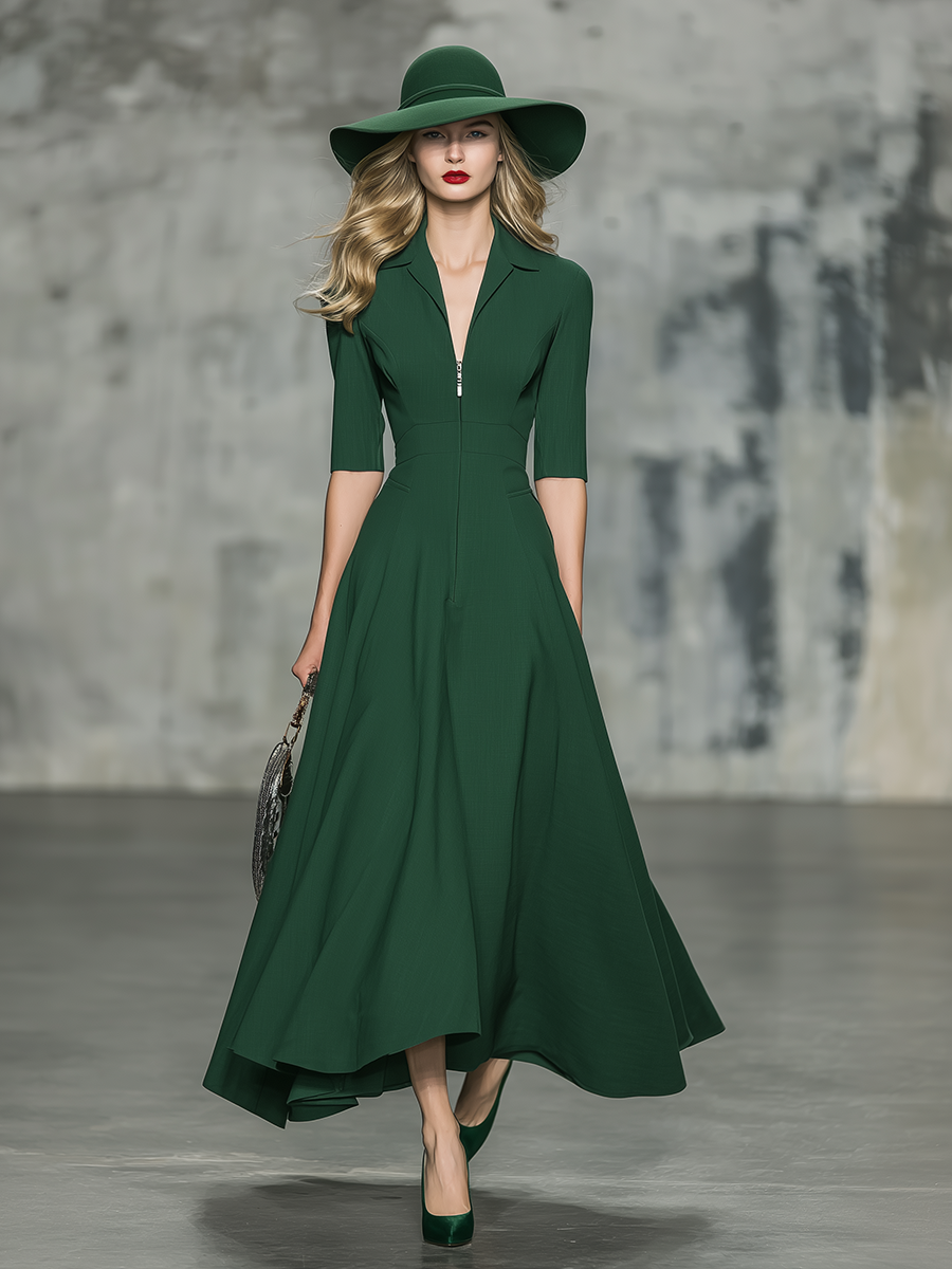 Elegant And Sophisticated Half-zip Short-sleeved Green A-line Maxi Dress