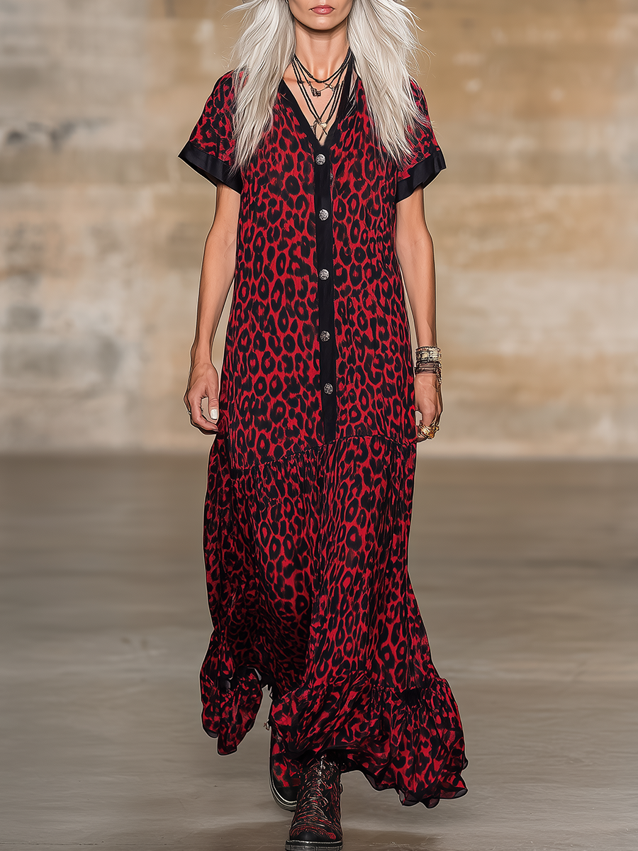 Loose-fitting, Western-style Leopard Print Matte Satin Sleeveless Red Maxi Dress