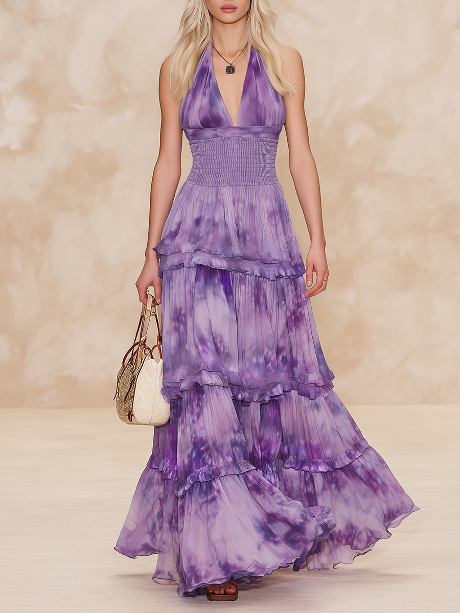 Lazy And Romantic Halter-neck V-neck Chiffon Long Dress