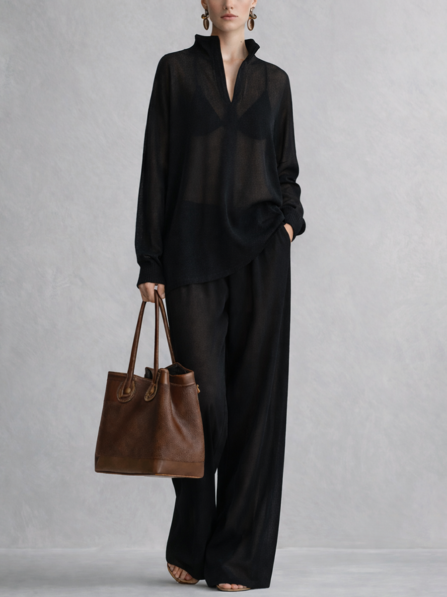 Women's Minimalist Black Twisted Linen V-neck Top And Wide-leg Pants Set MDZ1488A1BA