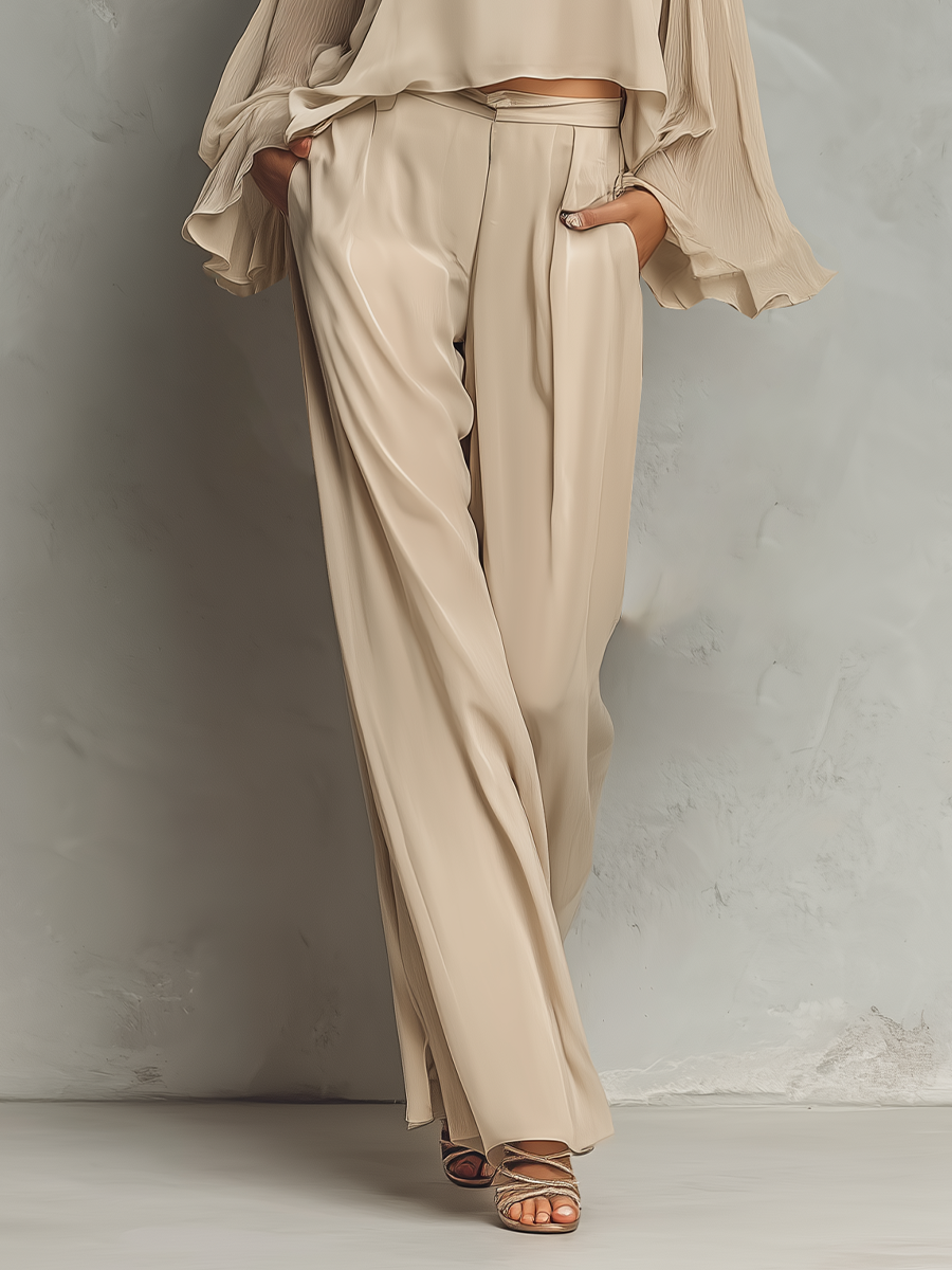 Women's Beige Chiffon Cold-Shoulder Blouse With Flared Sleeves & Wide-Leg Pants Set MDZ1233A2T