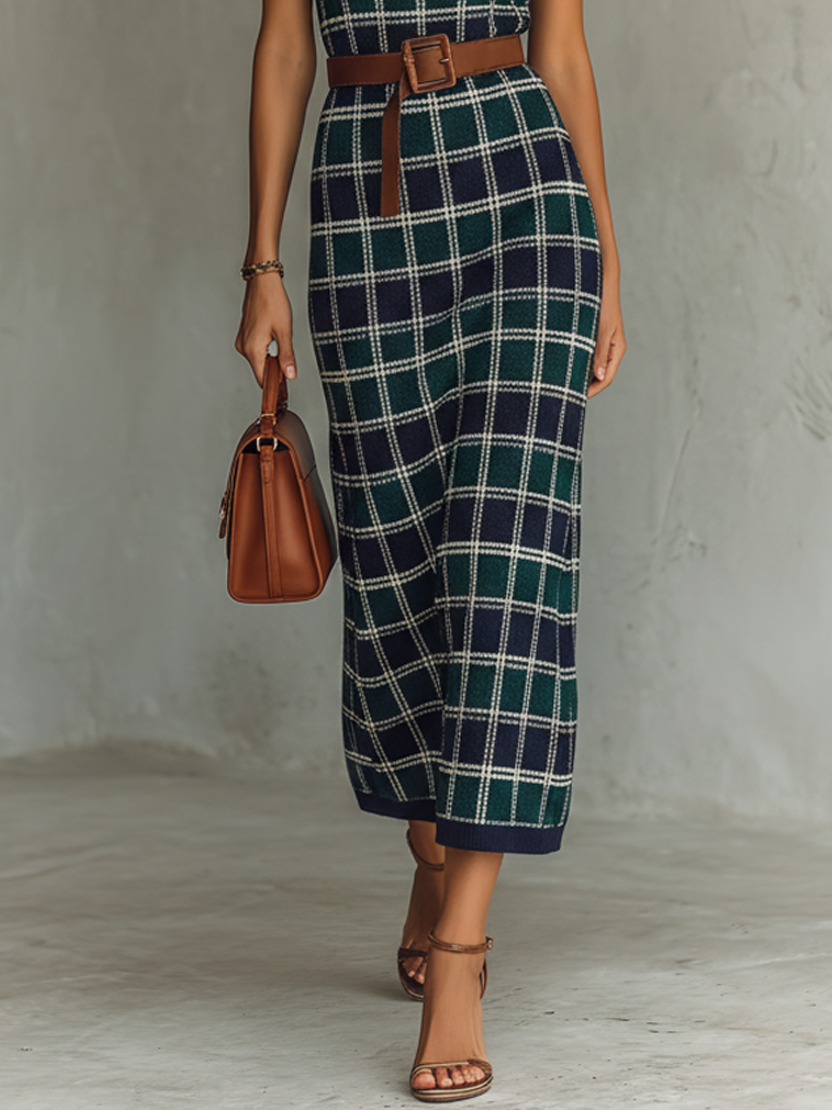 Women's Minimalist Checkered Knit Square-neck Sleeveless Maxi Dress With Belt MDZ1404A4Y