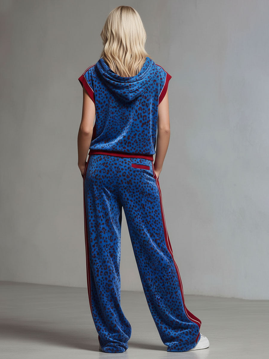 Leopard Print Hooded Sleeveless Top And Velvet Trousers Set