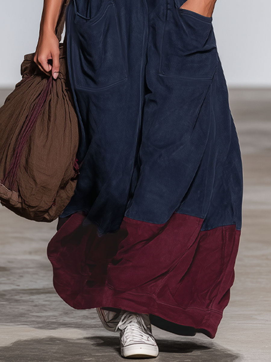 Western Style V-neck Double Pocket Color-blocked Faux Suede Sleeveless Maxi Dress