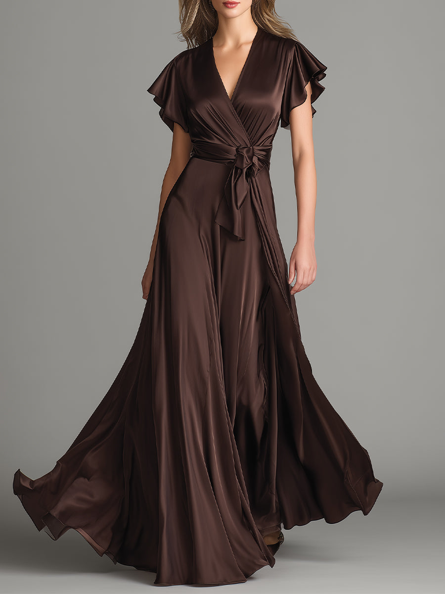 Women's Chocolate Satin Dress With Ruffled Sleeves & Wrap Detail, Timeless Romantic-Luxe Style Dress MDZ0974A4I