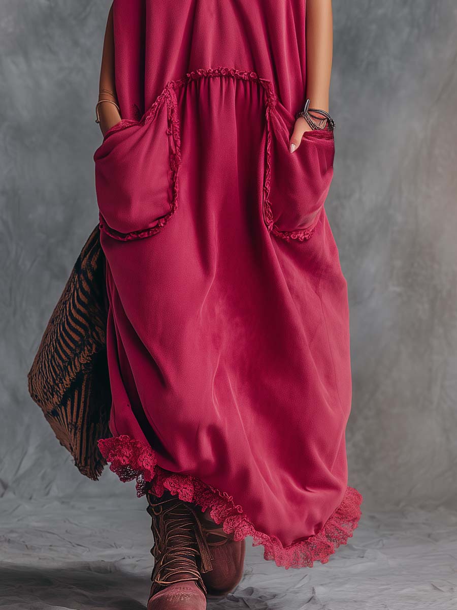 Vintage Casual Sporty Hooded V-neck Front Zip Lace Trim Sleeveless Raspberry Red Cotton Maxi Dress