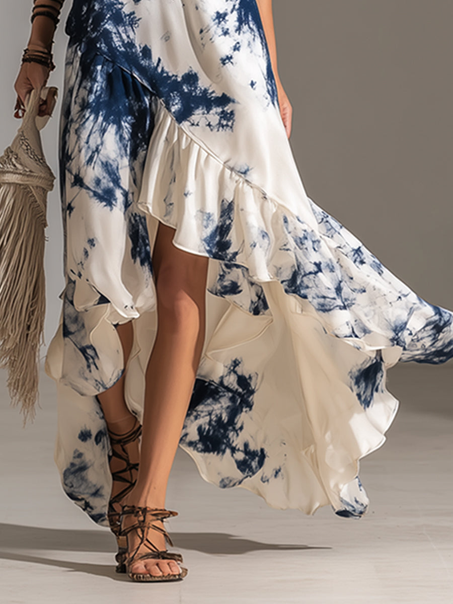 Elegant And Sophisticated Tie-dye Printed White Satin Maxi Dress