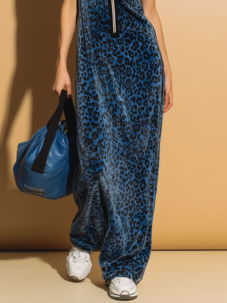 Leopard Print Hooded Zippered Velvet Sleeveless Maxi Dress