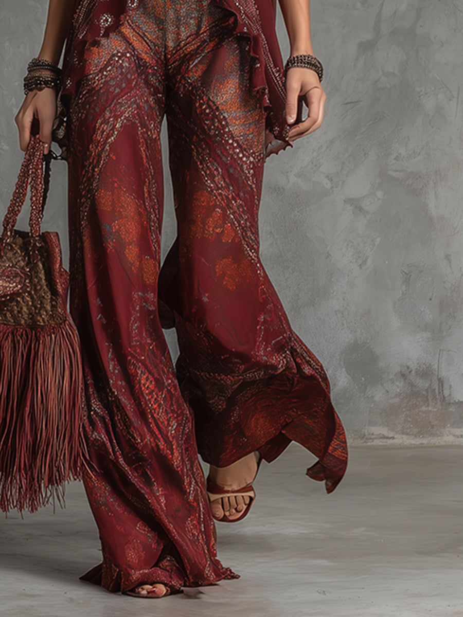 Elegant Vintage-style Printed Burgundy Chiffon Halter Top And Trousers Set