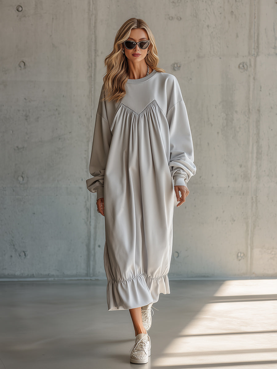 Casual Sporty Pleated Ruffle Gray Maxi Dress