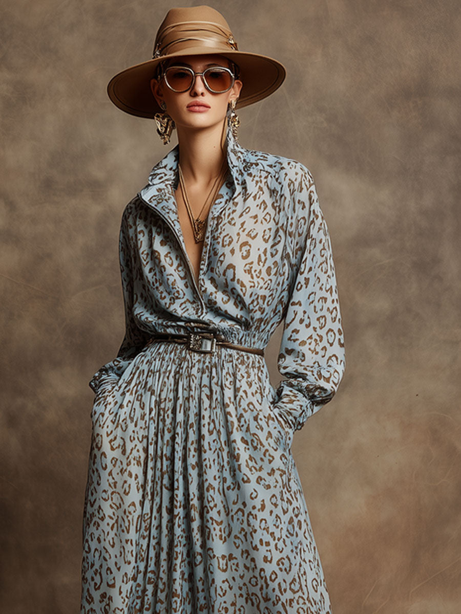 Vintage Blue Chiffon Leopard Print Long-Sleeved Half-Zip Maxi Dress