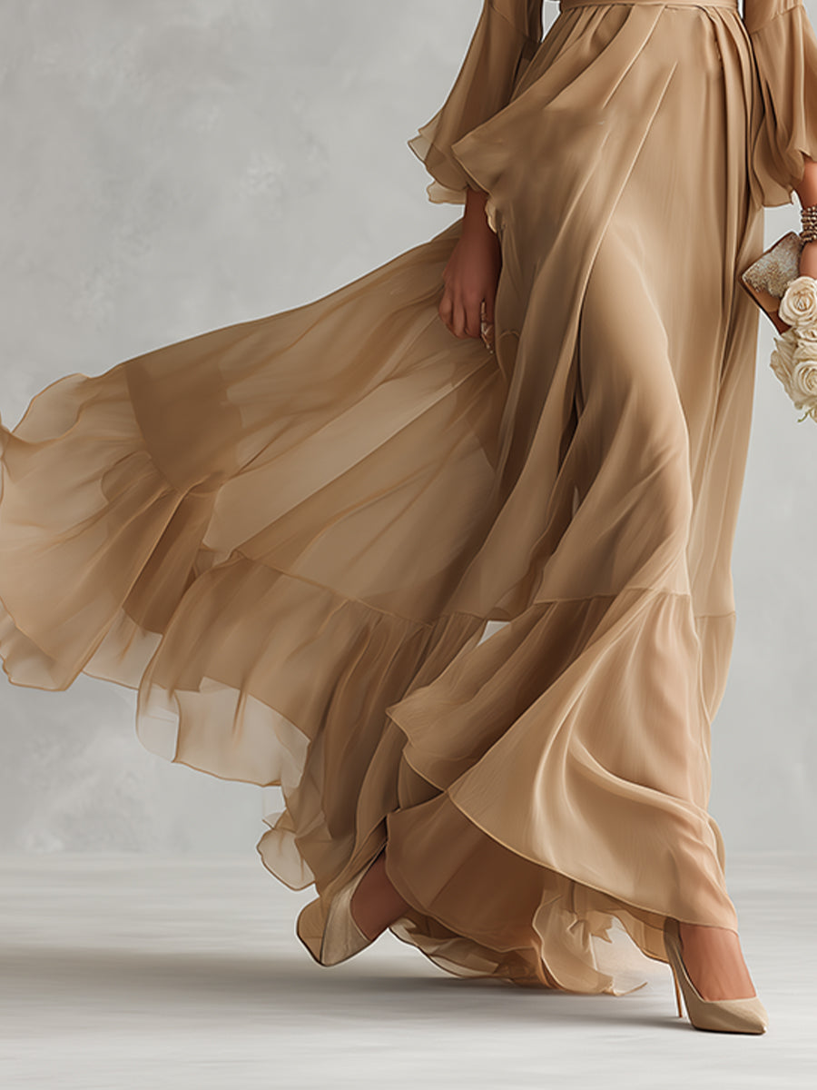 Women's Neutral Sheer Chiffon Dress With Bell Sleeves & Ruffled Skirt, Timeless Romantic-Luxe Style Dress MDZ1239A8I