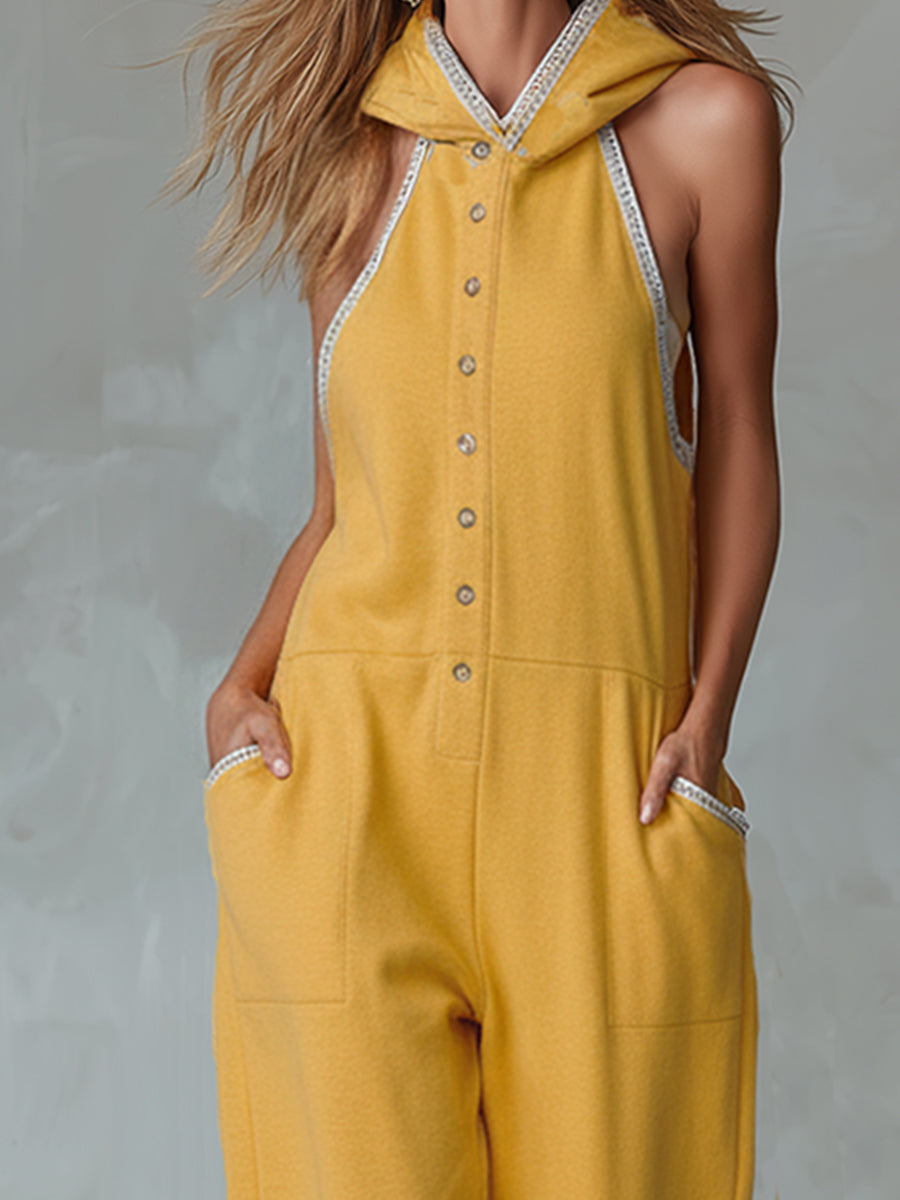 Stylish And Sporty Lace-trimmed Yellow Hooded Cotton Sleeveless Jumpsuit